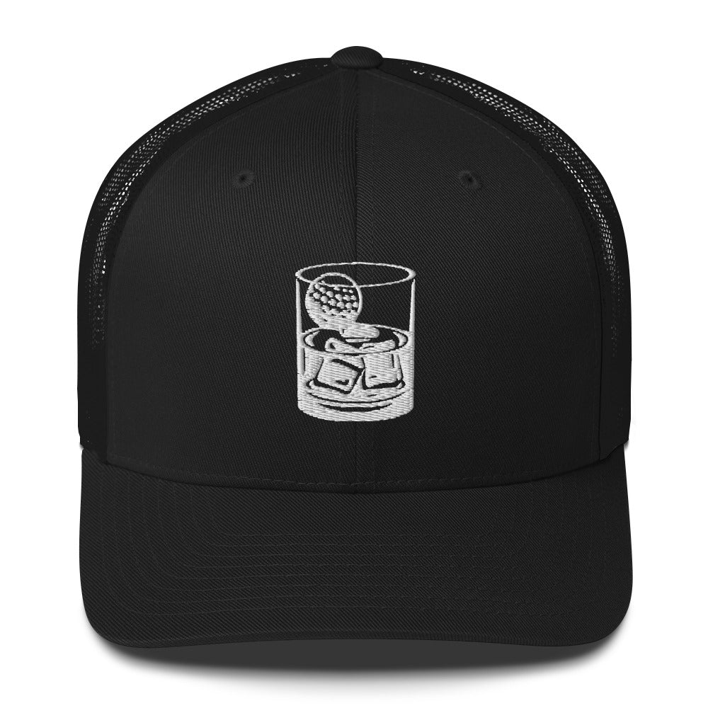 Whiskey Glass Trucker Hat — Funny Golf Snapback Cap