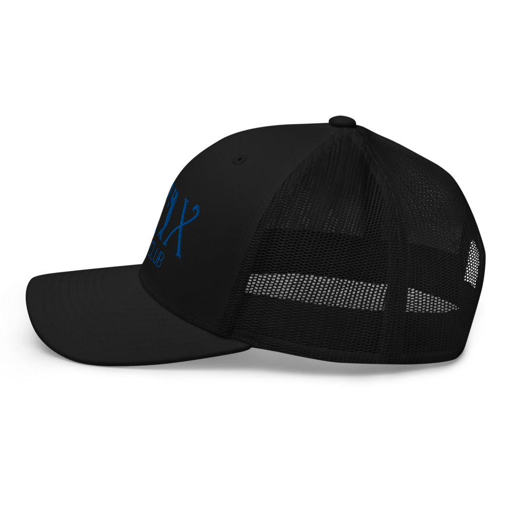 Curve Logo Trucker Hat — Mesh-Back Snapback Cap (Blue Logo)