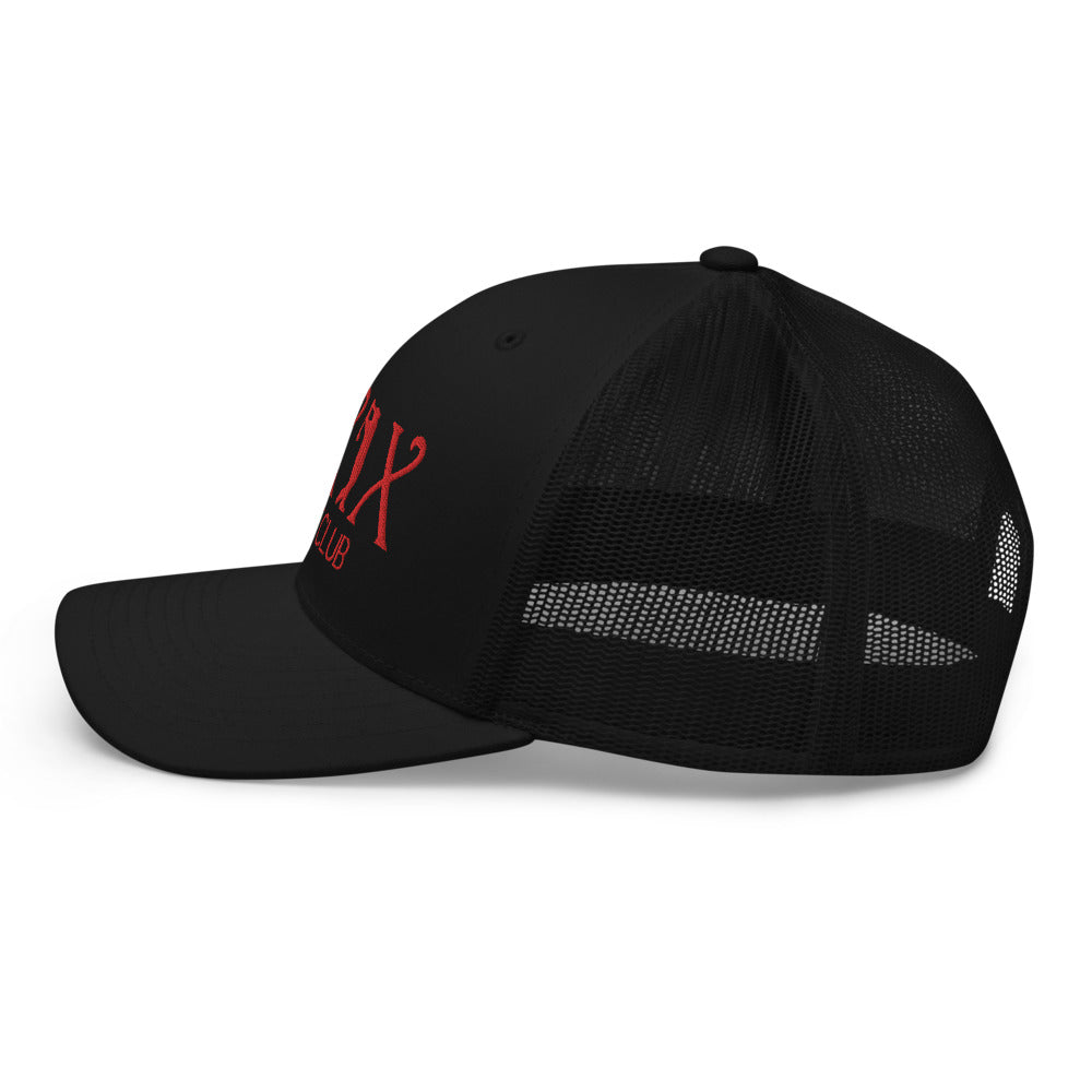 Curve Logo Trucker Hat — Mesh-Back Snapback Cap (Red Logo)