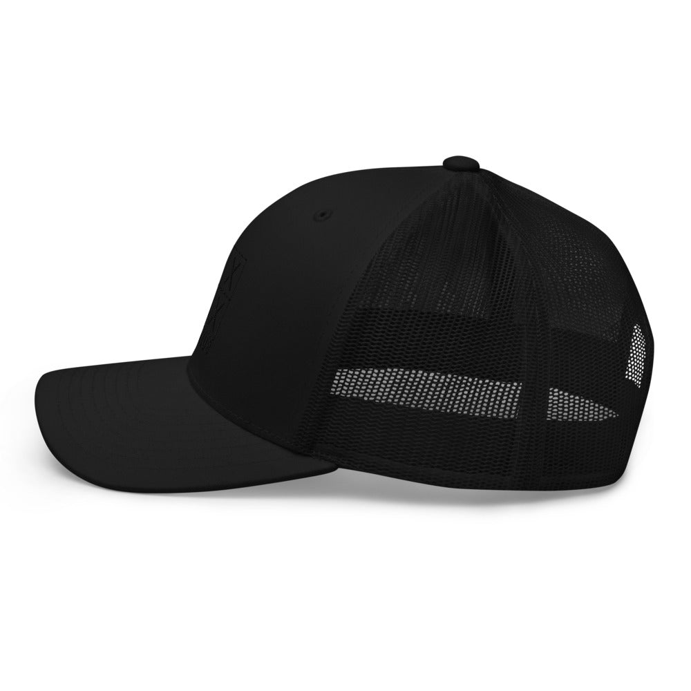 Four Box Logo Trucker Hat — Mesh-Back Snapback Cap (Black Logo)