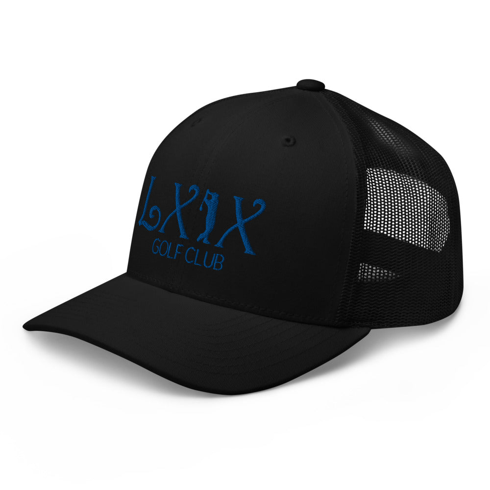 Curve Logo Trucker Hat — Mesh-Back Snapback Cap (Blue Logo)
