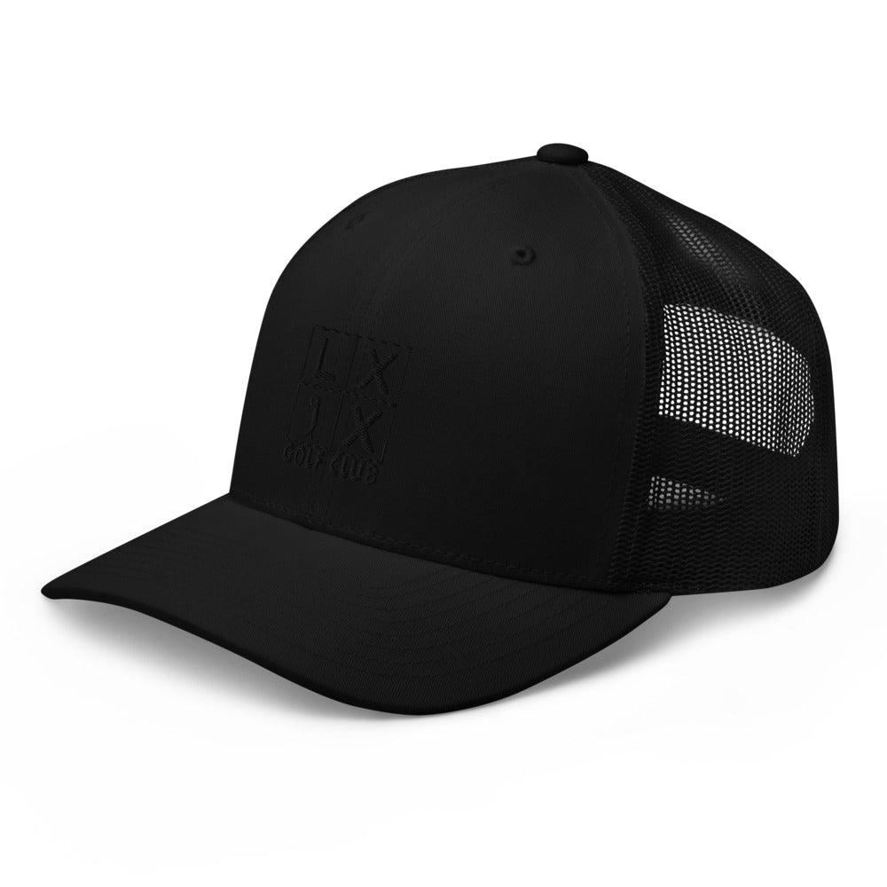 Four Box Logo Trucker Hat — Mesh-Back Snapback Cap (Black Logo)
