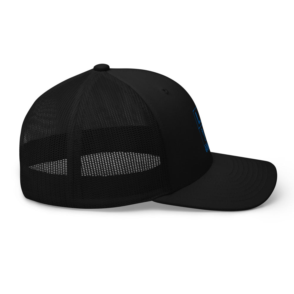 Four Box Logo Trucker Hat — Mesh-Back Snapback Cap (Blue Logo)