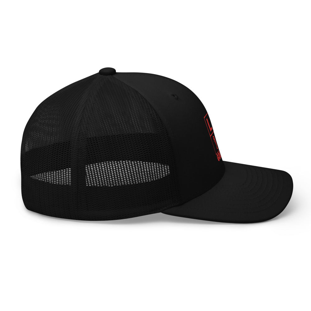 Four Box Logo Trucker Hat — Mesh-Back Snapback Cap (Red Logo)