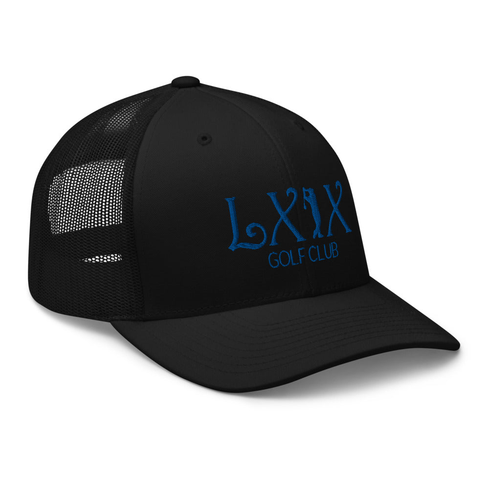 Curve Logo Trucker Hat — Mesh-Back Snapback Cap (Blue Logo)