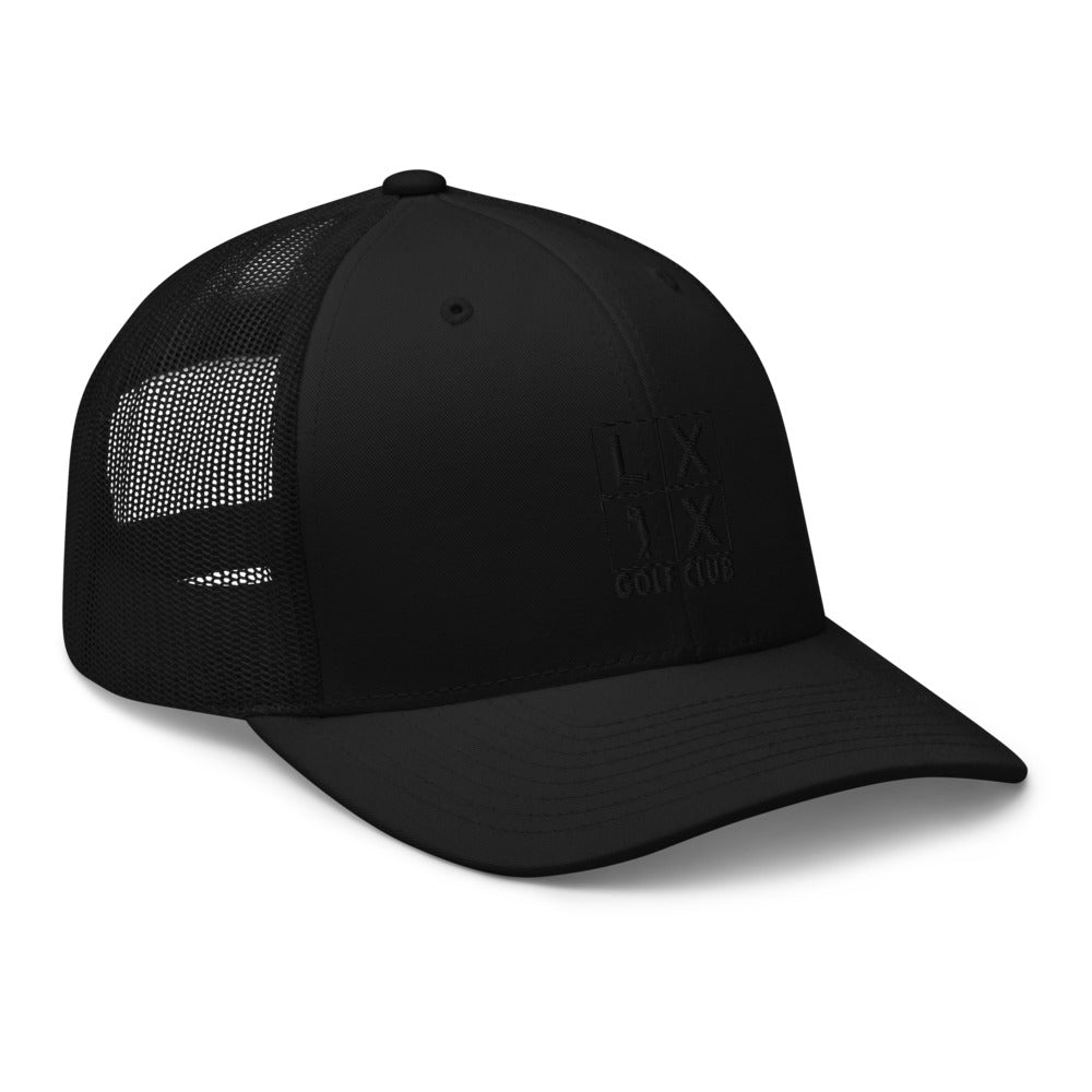 Four Box Logo Trucker Hat — Mesh-Back Snapback Cap (Black Logo)