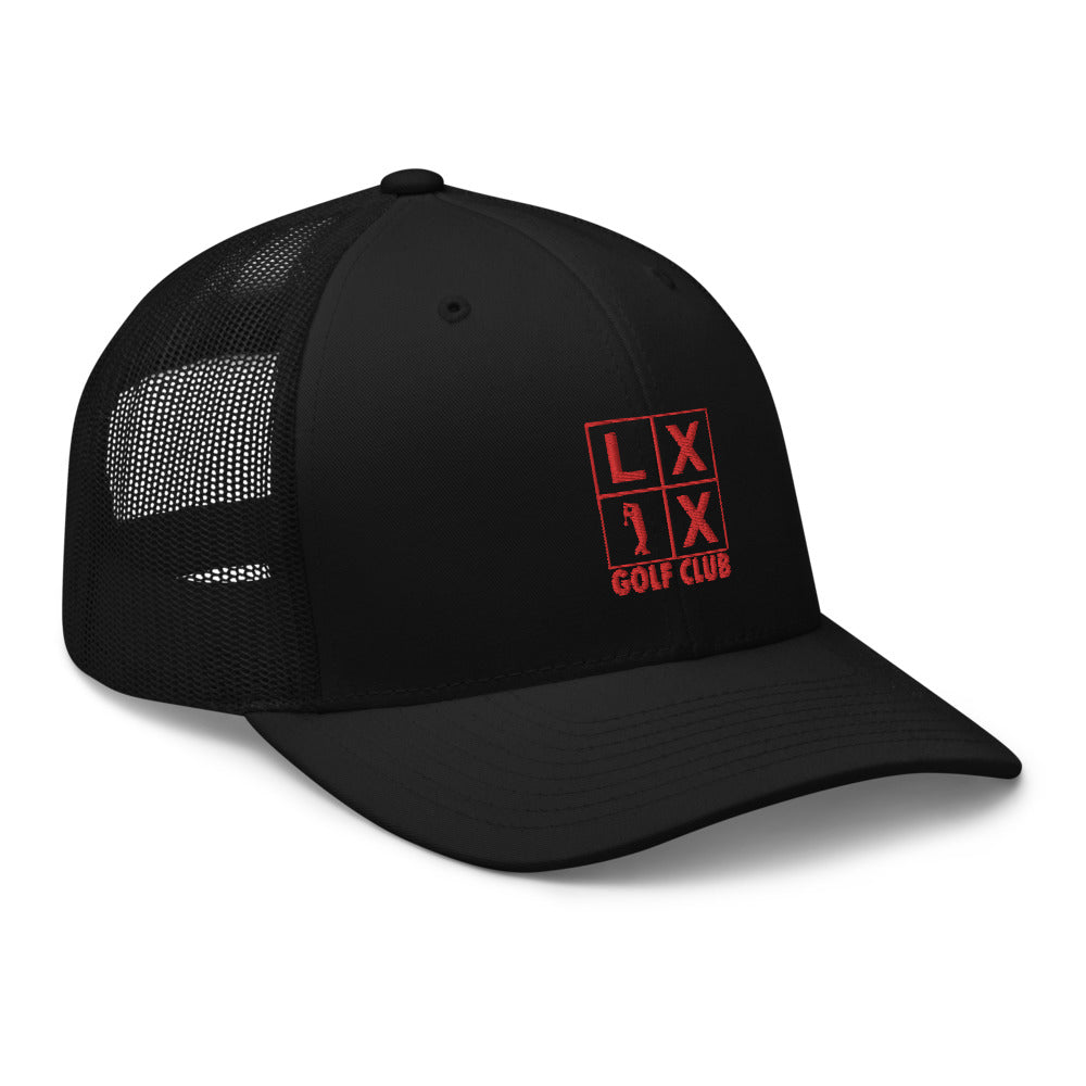 Four Box Logo Trucker Hat — Mesh-Back Snapback Cap (Red Logo)