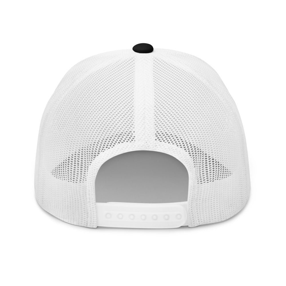 Four Box Logo Trucker Hat — Mesh-Back Snapback Cap (Black Logo)