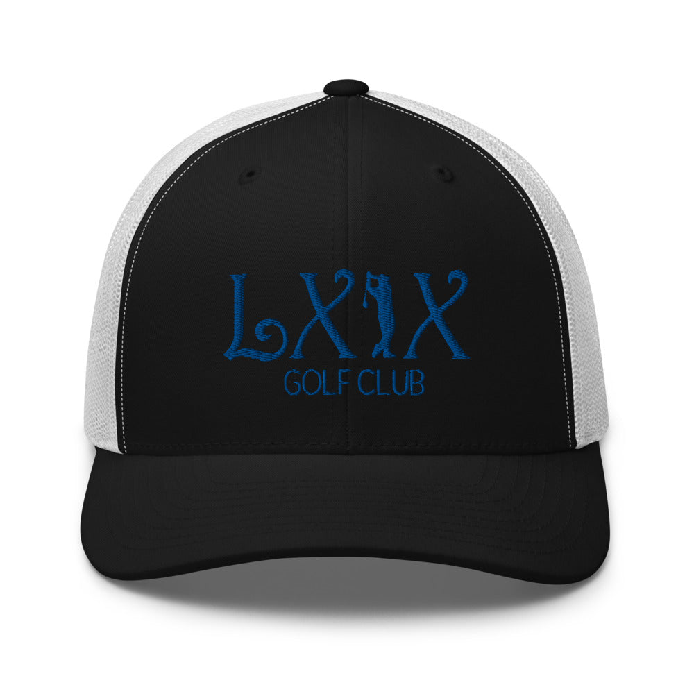 Curve Logo Trucker Hat — Mesh-Back Snapback Cap (Blue Logo)