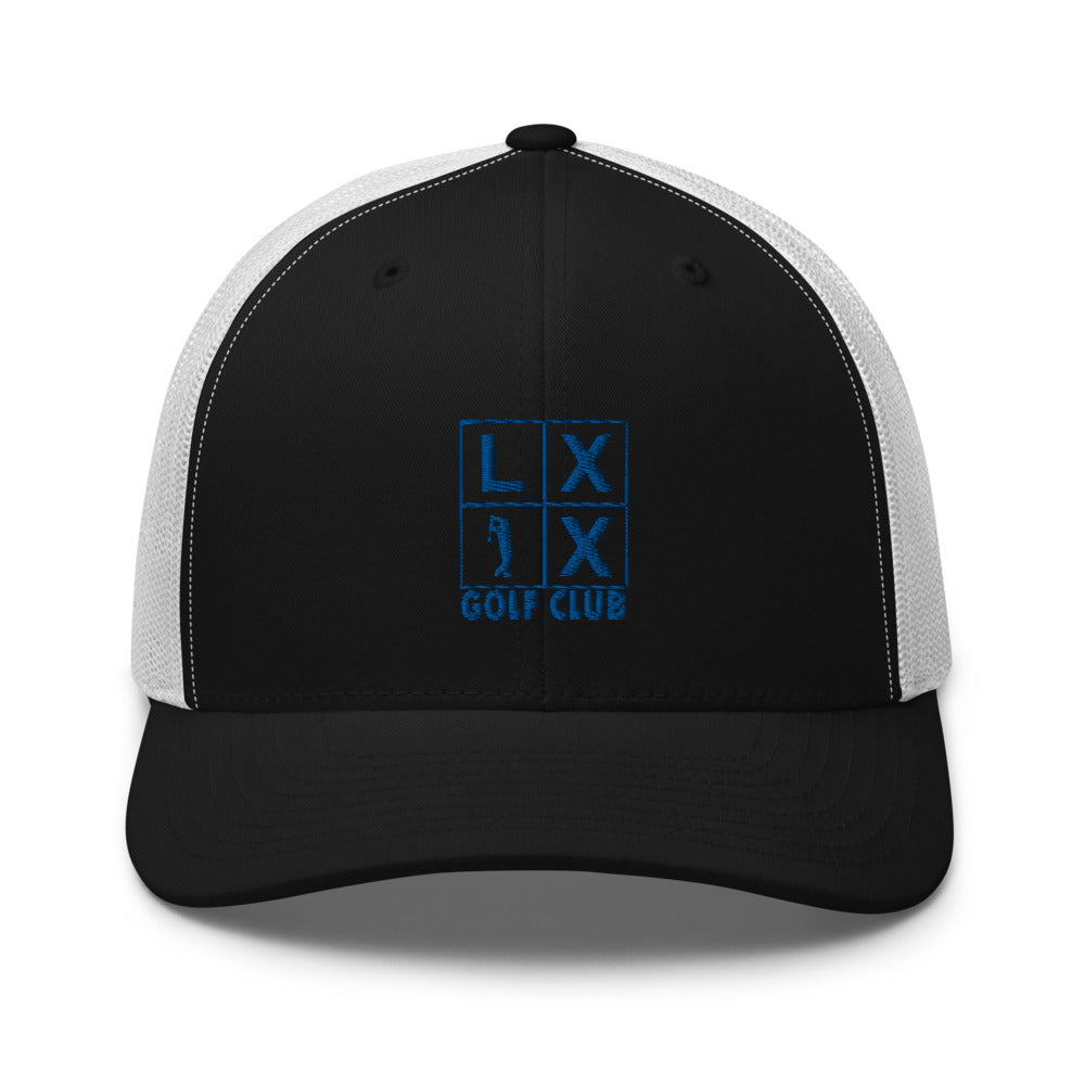 Four Box Logo Trucker Hat — Mesh-Back Snapback Cap (Blue Logo)