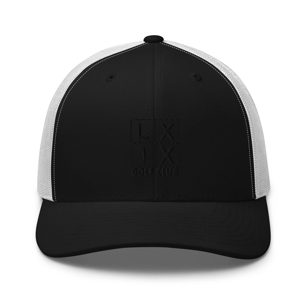 Four Box Logo Trucker Hat — Mesh-Back Snapback Cap (Black Logo)