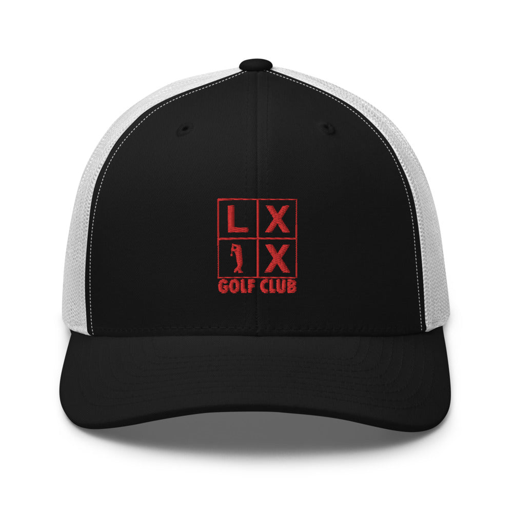 Four Box Logo Trucker Hat — Mesh-Back Snapback Cap (Red Logo)