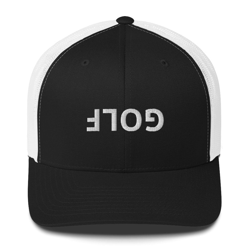 Upside Down Golf Trucker Hat — White Logo Snapback Cap