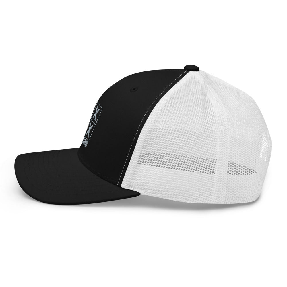 Four Box Logo Trucker Hat — Mesh-Back Snapback Cap (Gray Logo)