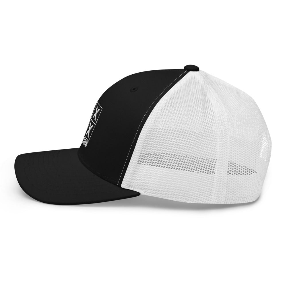Four Box Logo Trucker Hat — Mesh-Back Snapback Cap (White Logo)