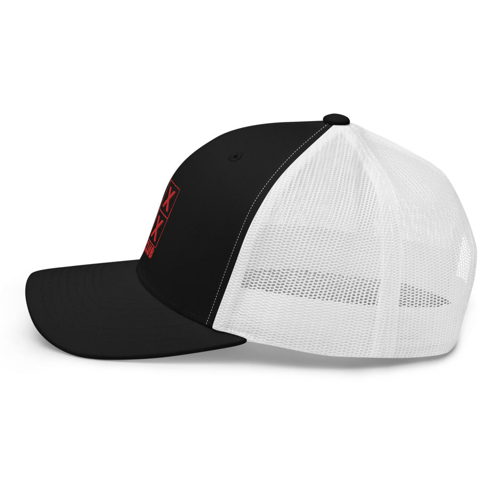 Four Box Logo Trucker Hat — Mesh-Back Snapback Cap (Red Logo)