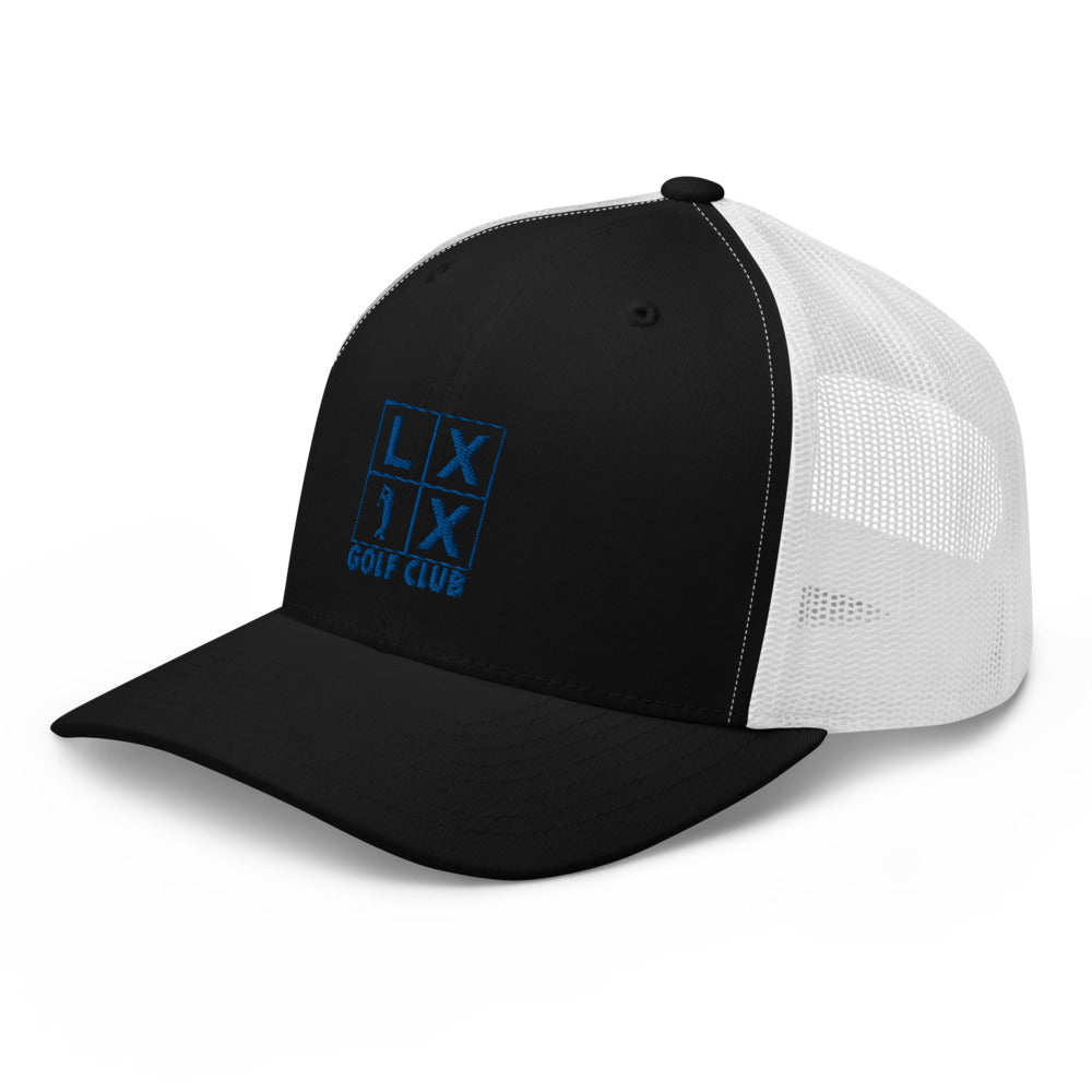 Four Box Logo Trucker Hat — Mesh-Back Snapback Cap (Blue Logo)