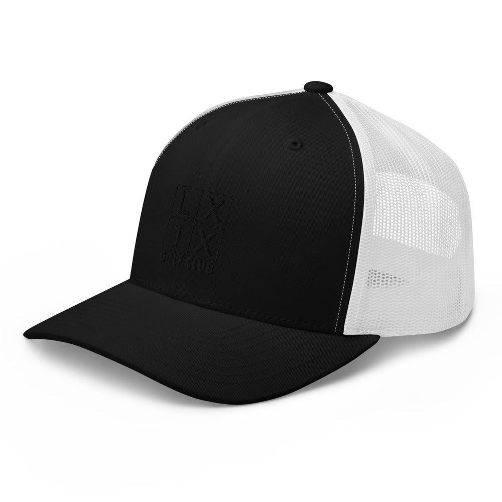 Four Box Logo Trucker Hat — Mesh-Back Snapback Cap (Black Logo)