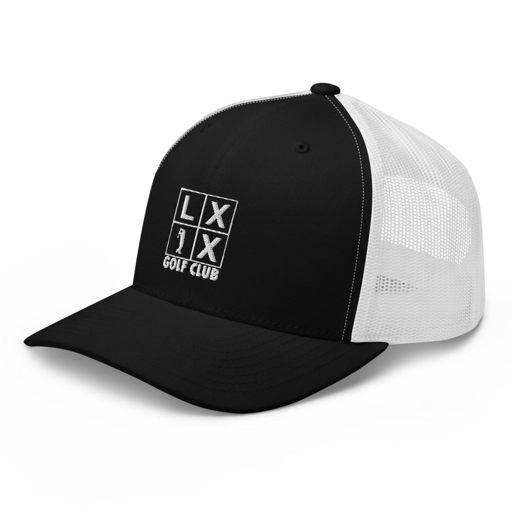 Four Box Logo Trucker Hat — Mesh-Back Snapback Cap (White Logo)