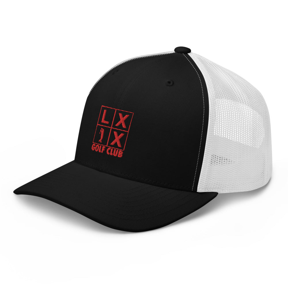 Four Box Logo Trucker Hat — Mesh-Back Snapback Cap (Red Logo)