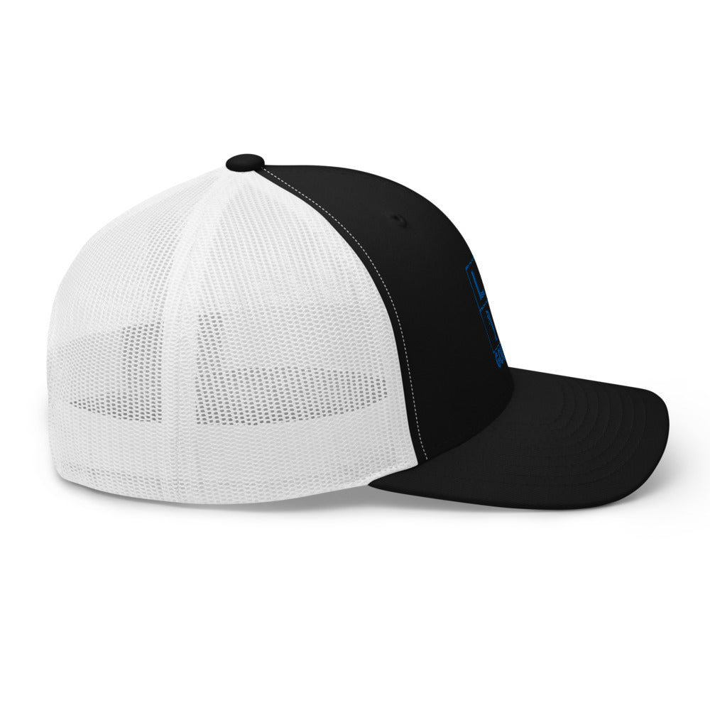 Four Box Logo Trucker Hat — Mesh-Back Snapback Cap (Blue Logo)