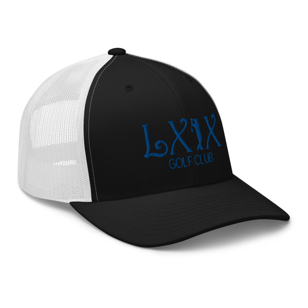 Curve Logo Trucker Hat — Mesh-Back Snapback Cap (Blue Logo)
