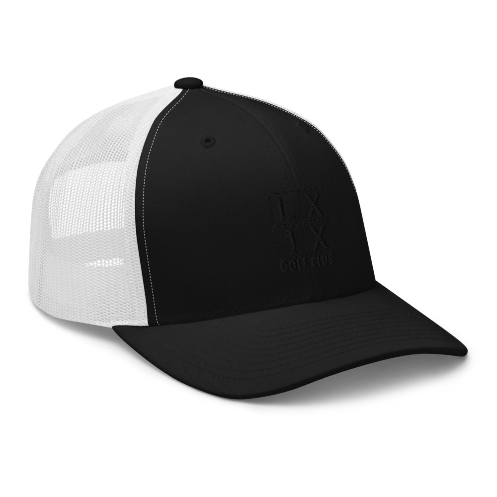 Four Box Logo Trucker Hat — Mesh-Back Snapback Cap (Black Logo)