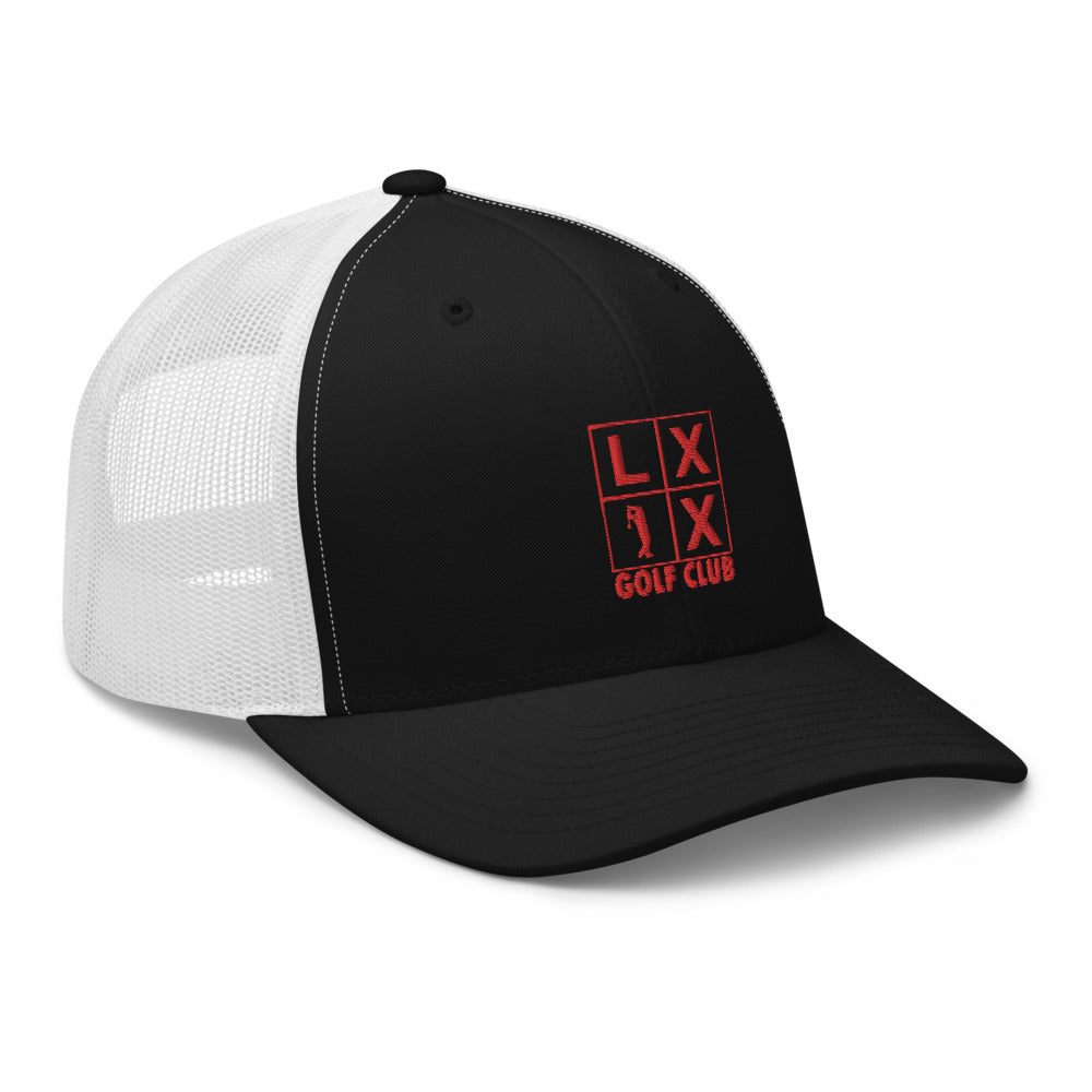 Four Box Logo Trucker Hat — Mesh-Back Snapback Cap (Red Logo)