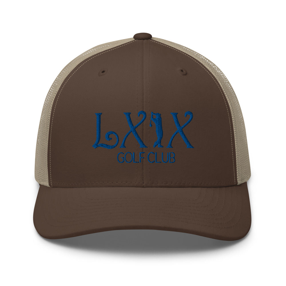 Curve Logo Trucker Hat — Mesh-Back Snapback Cap (Blue Logo)