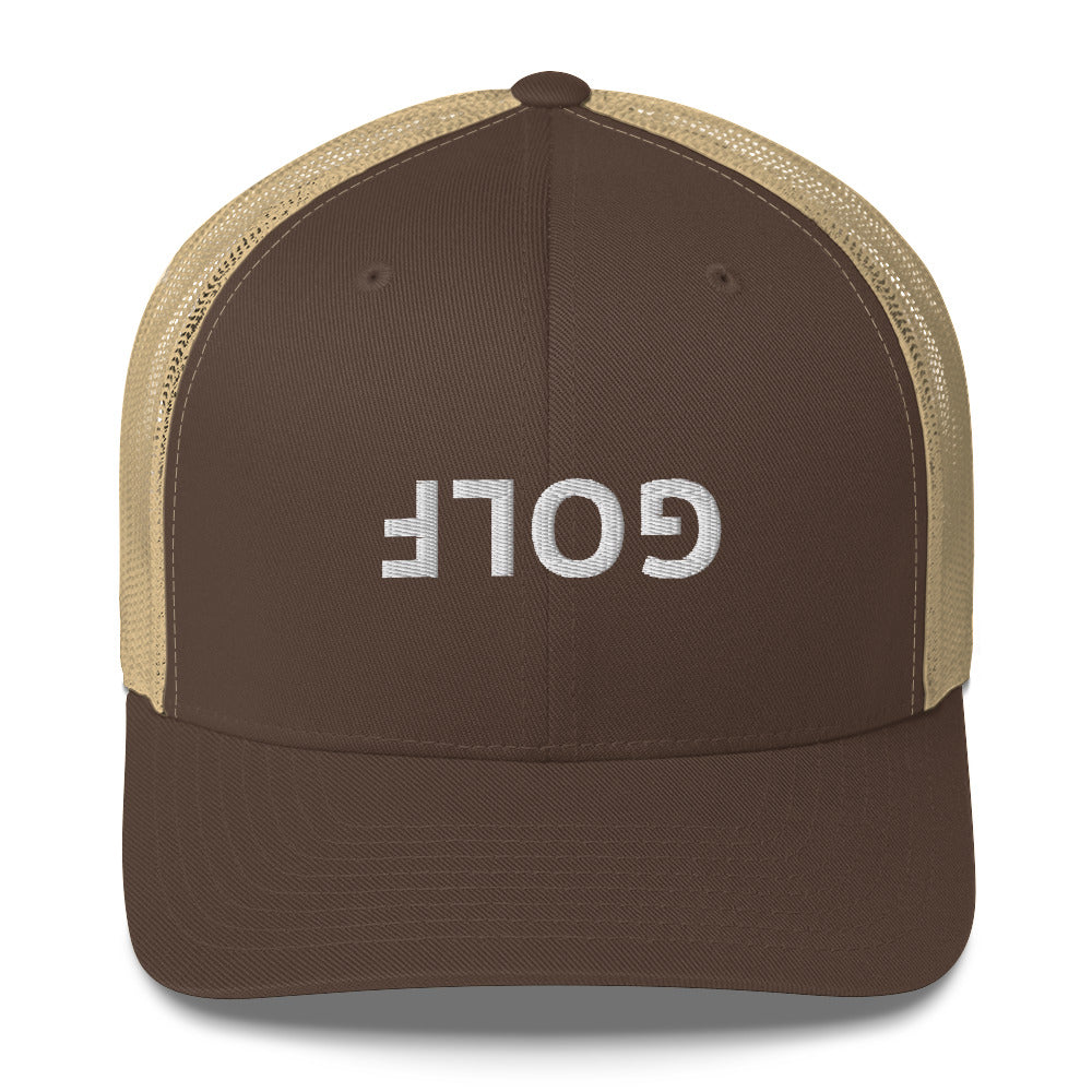 Upside Down Golf Trucker Hat — White Logo Snapback Cap