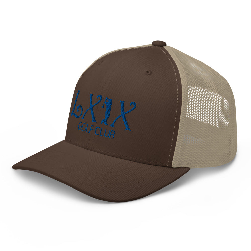Curve Logo Trucker Hat — Mesh-Back Snapback Cap (Blue Logo)