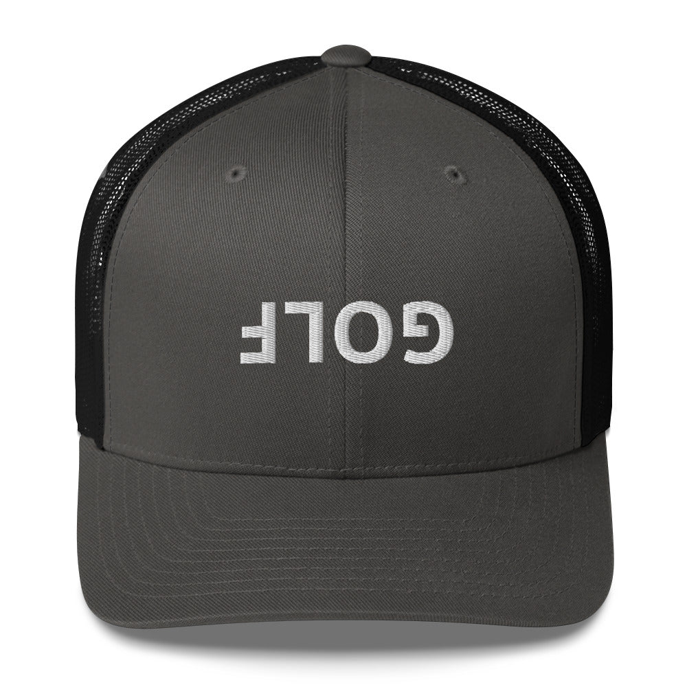 Upside Down Golf Trucker Hat — White Logo Snapback Cap