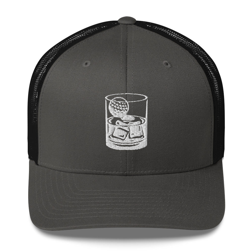 Whiskey Glass Trucker Hat — Funny Golf Snapback Cap