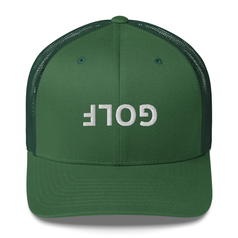 Upside Down Golf Trucker Hat — White Logo Snapback Cap