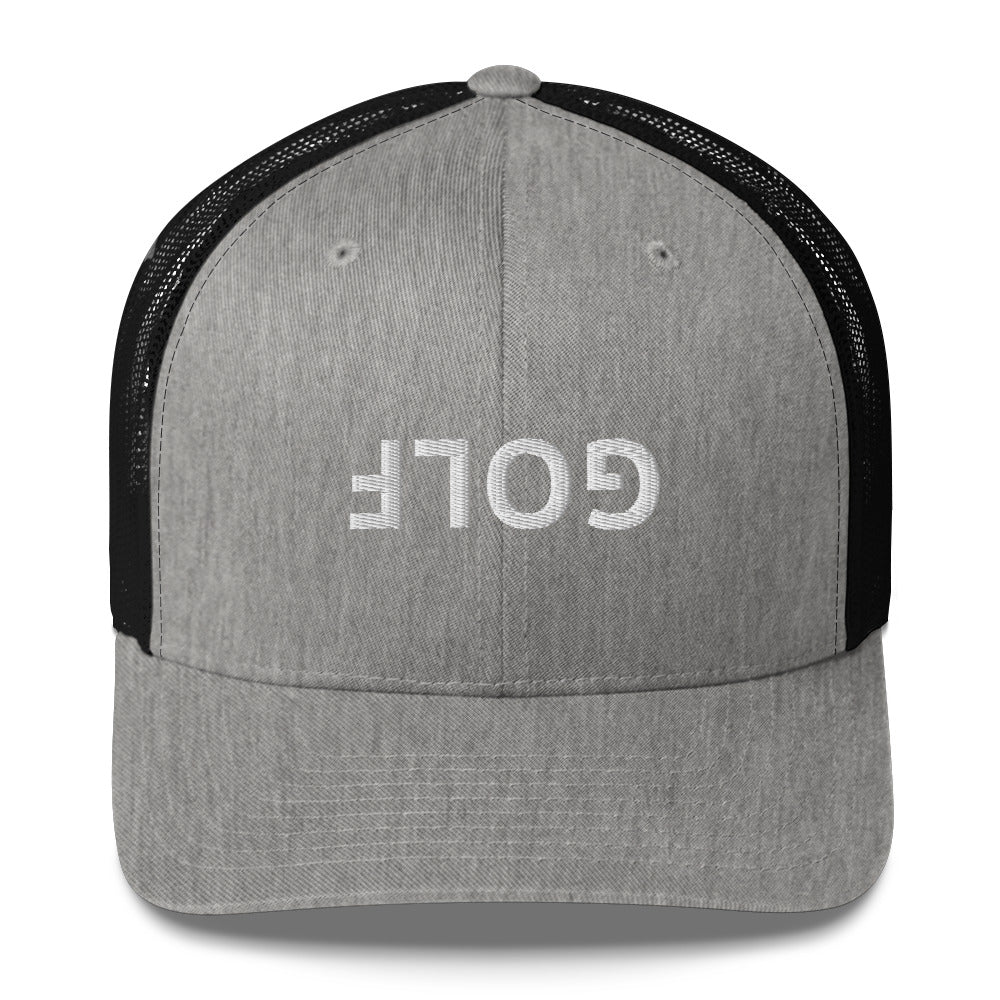 Upside Down Golf Trucker Hat — White Logo Snapback Cap