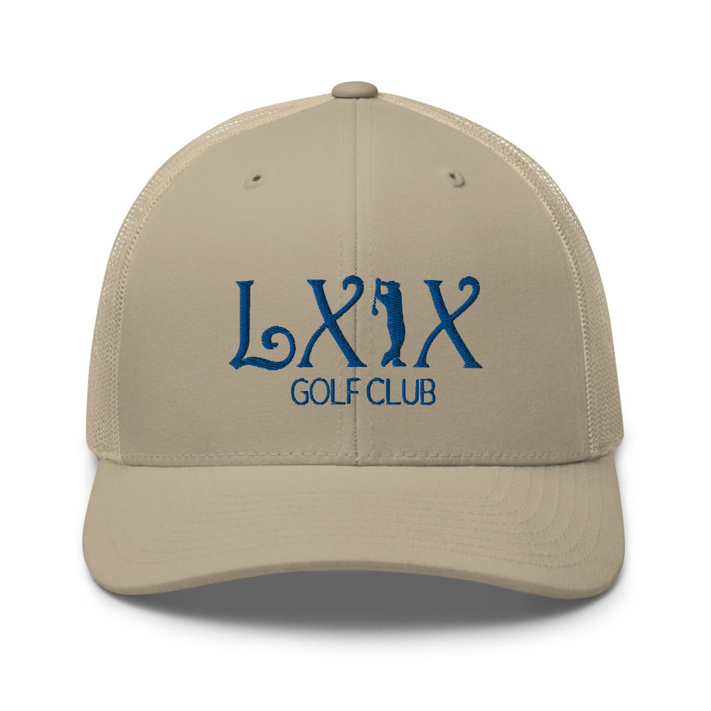 Curve Logo Trucker Hat — Mesh-Back Snapback Cap (Blue Logo)
