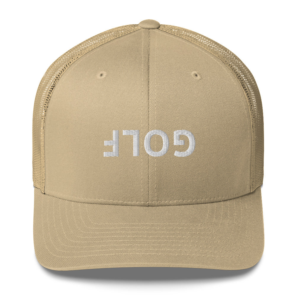 Upside Down Golf Trucker Hat — White Logo Snapback Cap