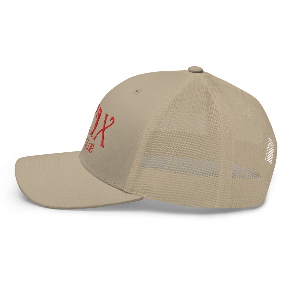 Curve Logo Trucker Hat — Mesh-Back Snapback Cap (Red Logo)