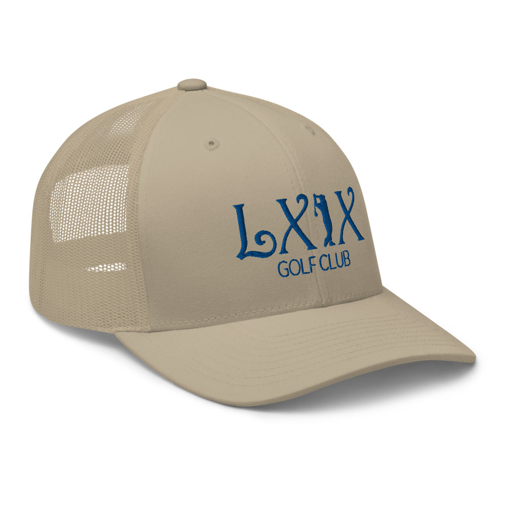Curve Logo Trucker Hat — Mesh-Back Snapback Cap (Blue Logo)