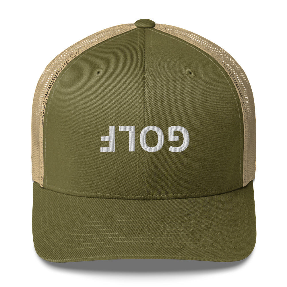 Upside Down Golf Trucker Hat — White Logo Snapback Cap