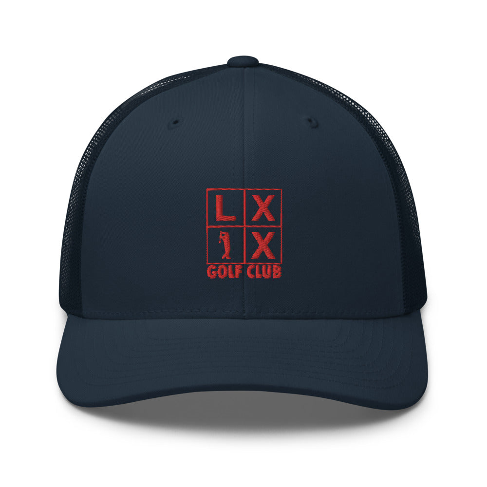 Four Box Logo Trucker Hat — Mesh-Back Snapback Cap (Red Logo)