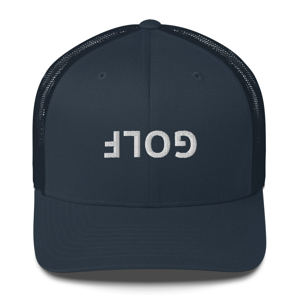 Upside Down Golf Trucker Hat — White Logo Snapback Cap
