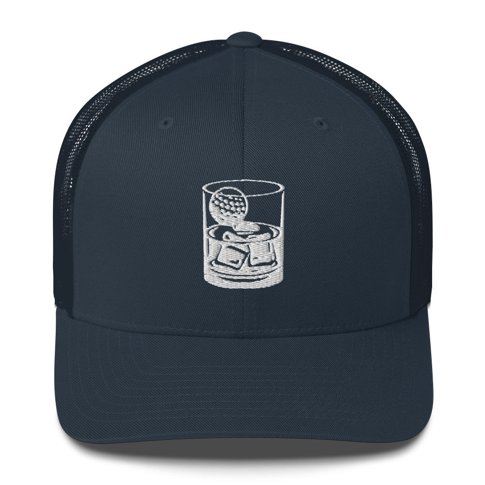 Whiskey Glass Trucker Hat — Funny Golf Snapback Cap