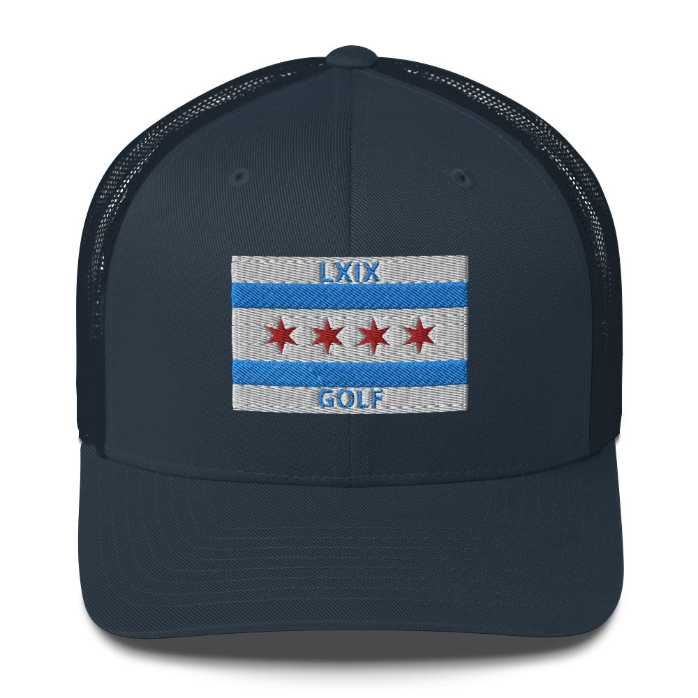 Chicago Flag Golf Trucker Hat — Mesh-Back Snapback Cap