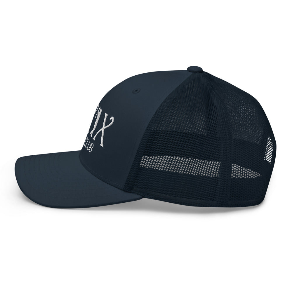 Curve Logo Trucker Hat — Mesh-Back Snapback Cap (White Logo)