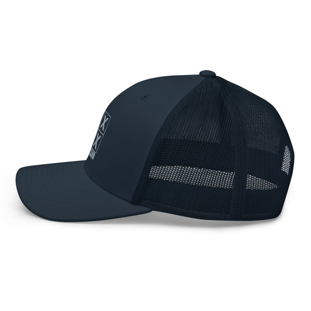 Four Box Logo Trucker Hat — Mesh-Back Snapback Cap (Gray Logo)