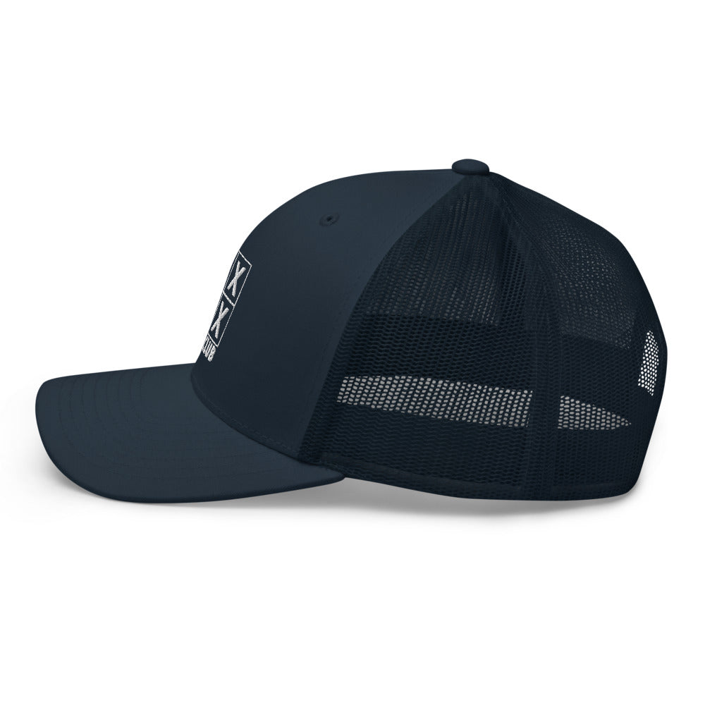 Four Box Logo Trucker Hat — Mesh-Back Snapback Cap (White Logo)