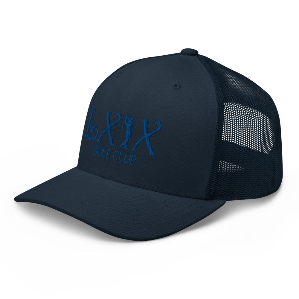 Curve Logo Trucker Hat — Mesh-Back Snapback Cap (Blue Logo)
