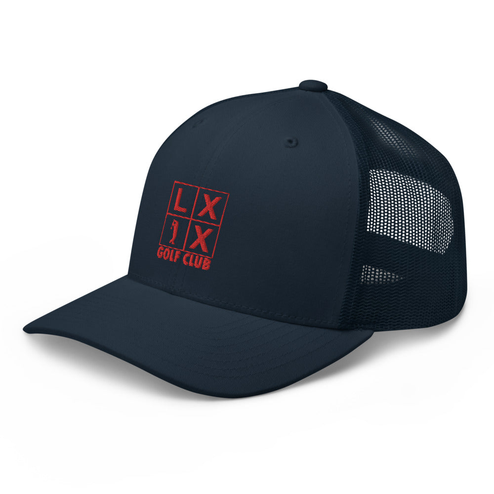 Four Box Logo Trucker Hat — Mesh-Back Snapback Cap (Red Logo)