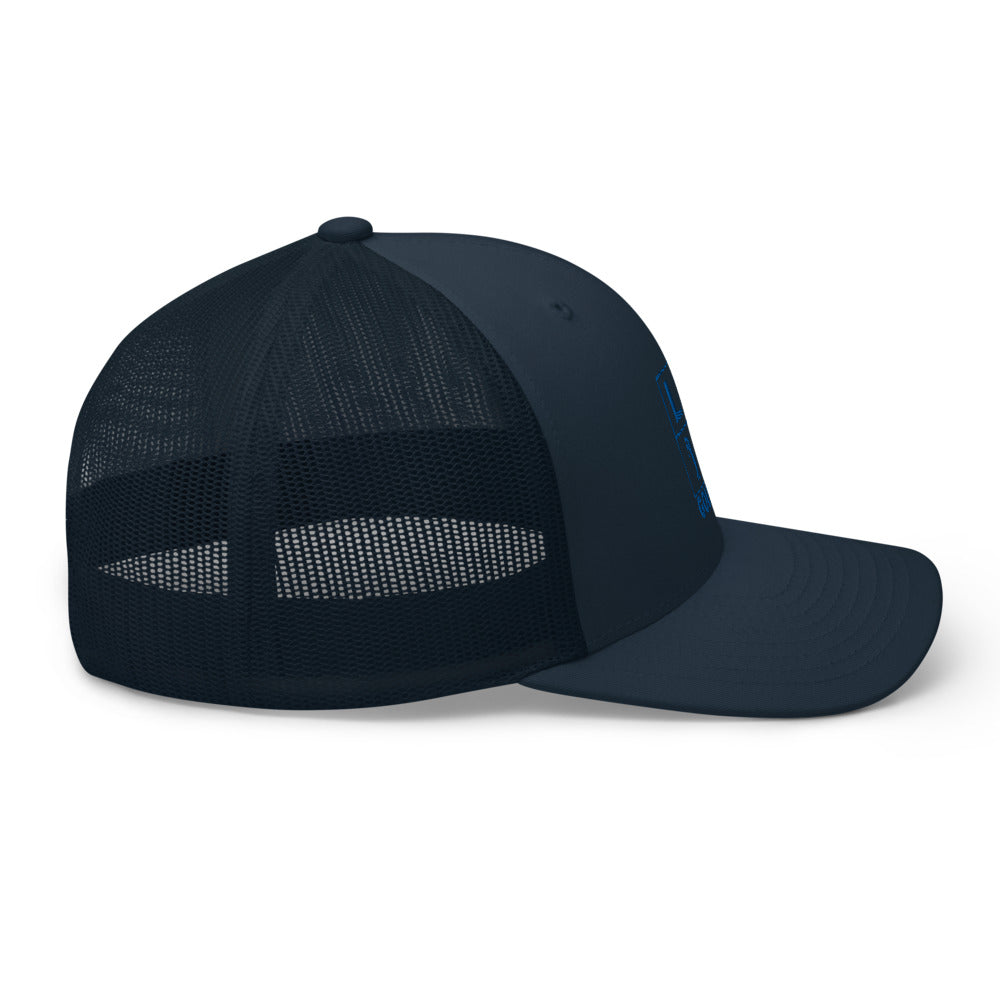 Four Box Logo Trucker Hat — Mesh-Back Snapback Cap (Blue Logo)